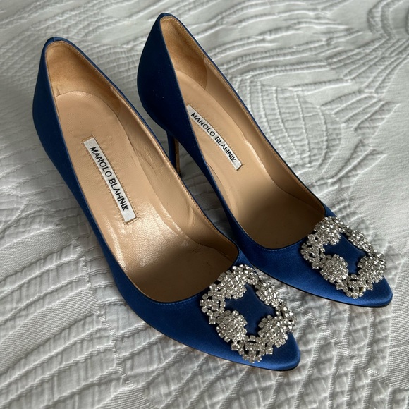Manolo Blahnik Shoes - Manolo Blahnik Blue Satin Heels with Crystal Embellishment